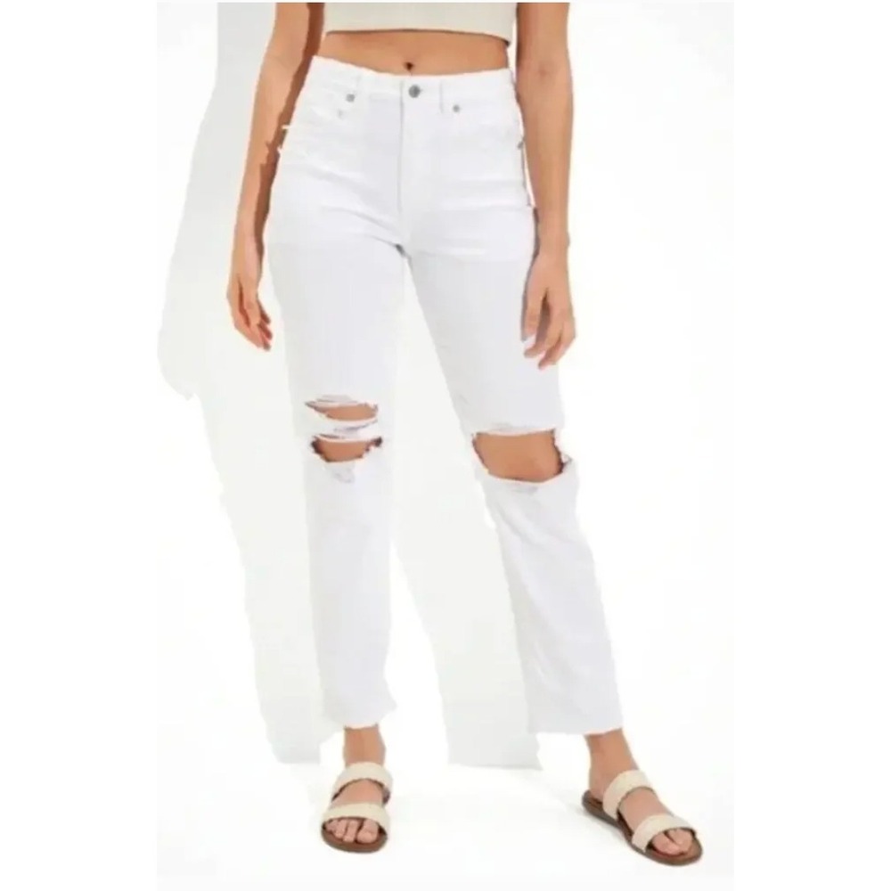American Eagle Mom Straight Jeans Womens 14 Bright White Distressed NWOT